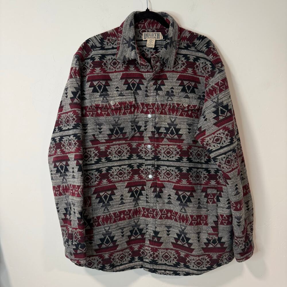Duluth Trading Co Men's Tucson Jac Shirt Jacket Southwest Aztec Gray Red Medium